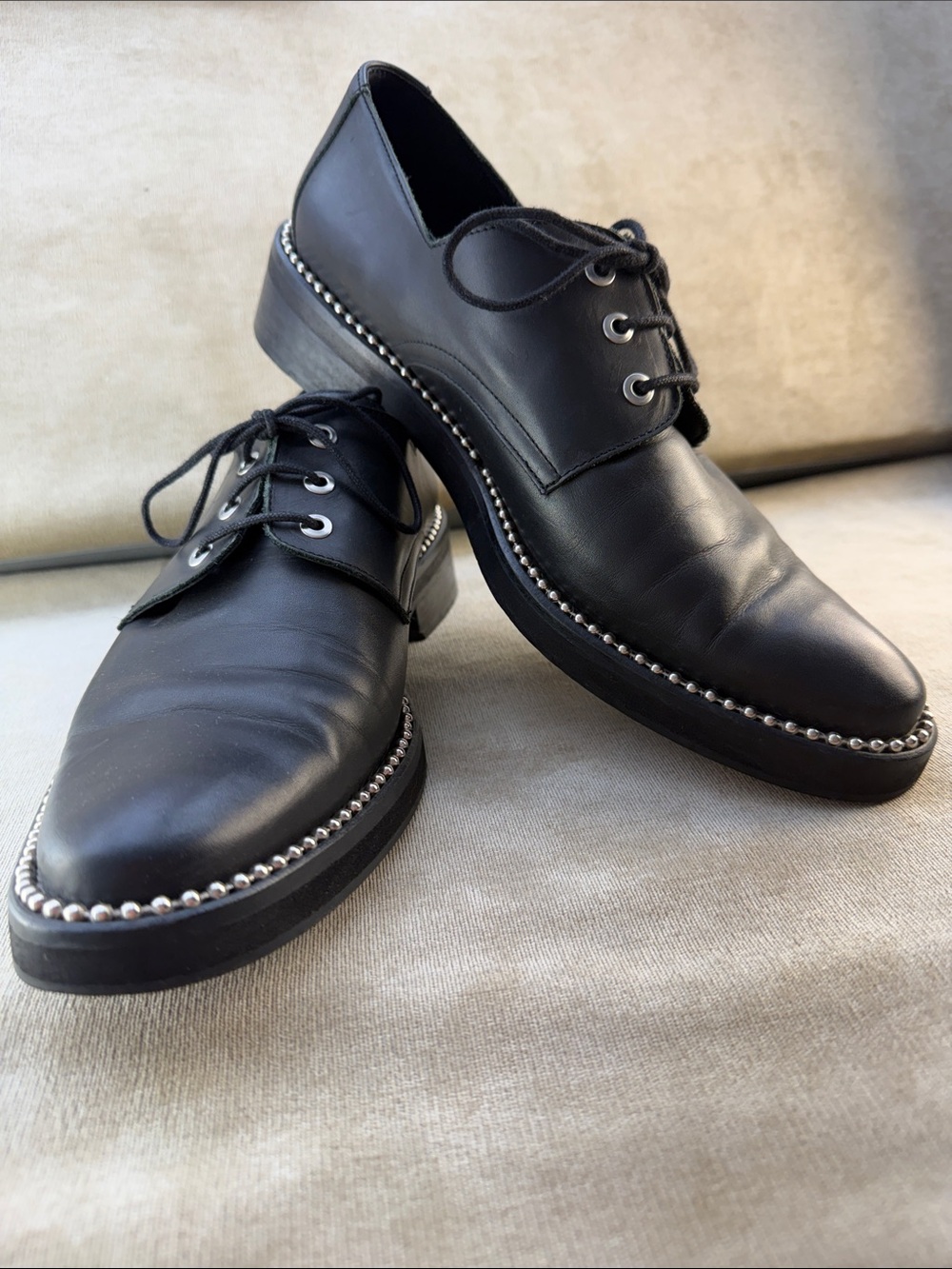 Womens Miista eu 41 Black Leather Lace-Up Shoes with Decorative Silver Stud Trim